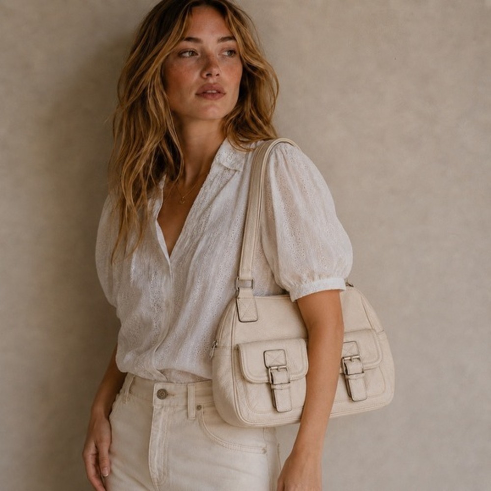 Michael Kors Ivory Pebbled Leather Bowling Satchel Handbag